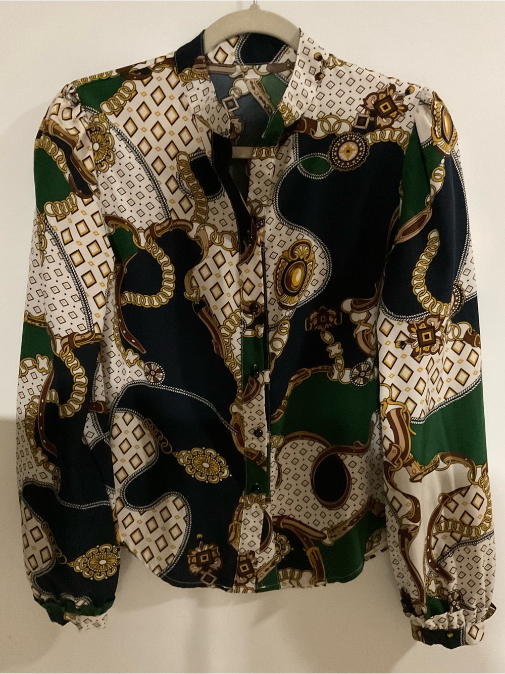 Womens Green & Black Chain Print Button-Up Blouse